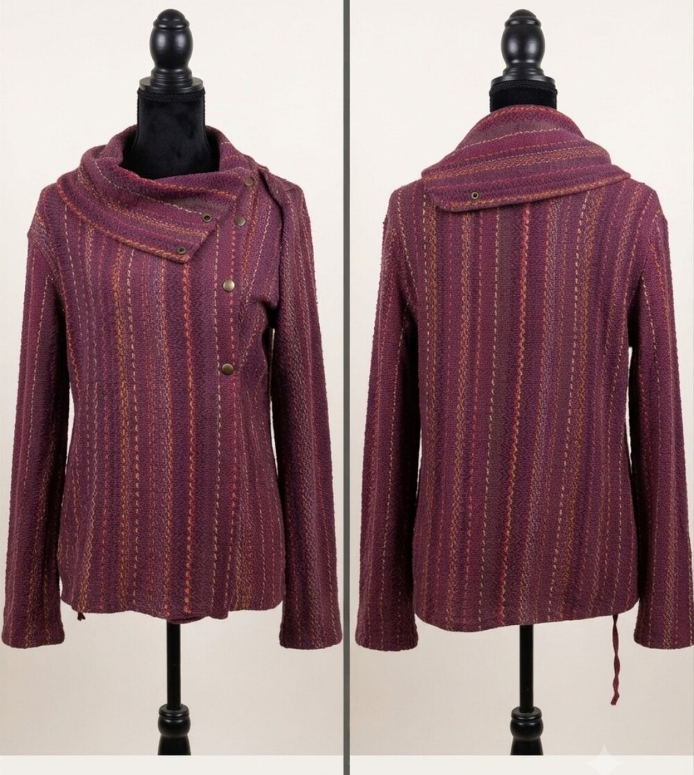 Jayli Purple Striped Asymmetric Snap Turtleneck Sweater